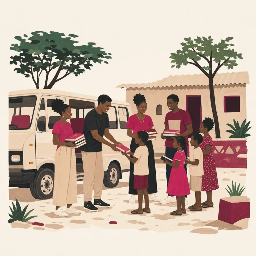 Des jeunes apportent des livres à des enfants, près d’un minibus