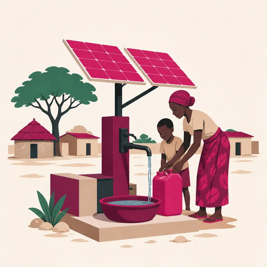 Un forage solaire et un robinet, une femme et un enfant remplissent un bidon
