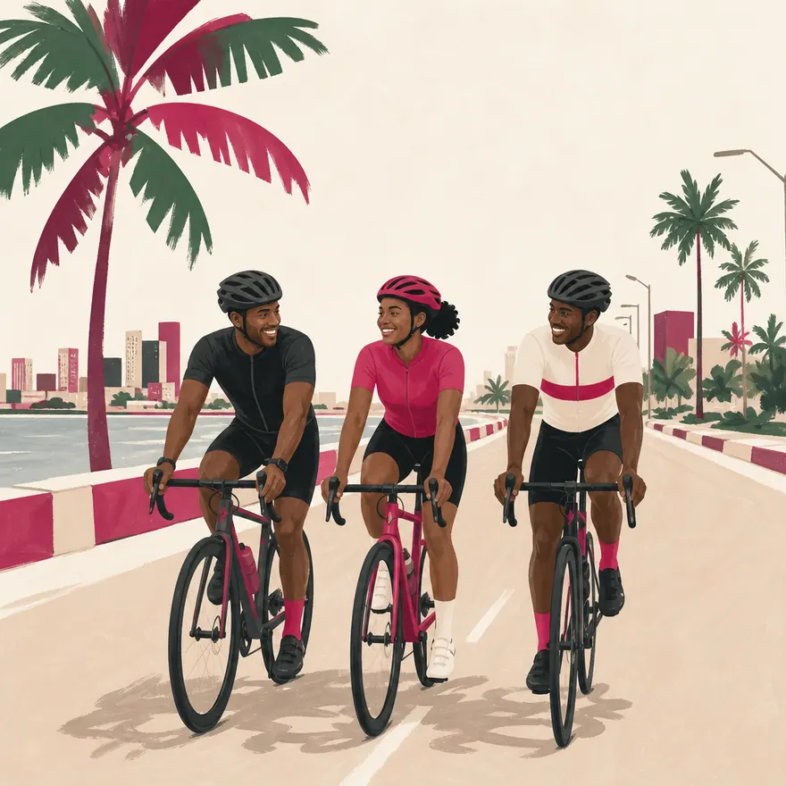 Trois jeunes font du vélo sur une route bordée de palmiers