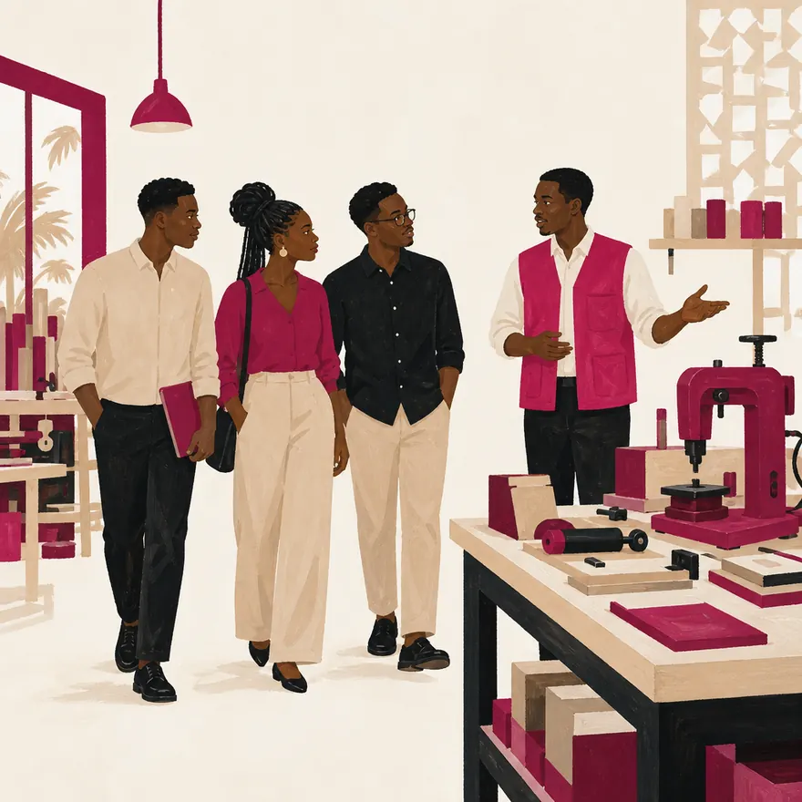 Trois jeunes visitent un atelier avec un guide